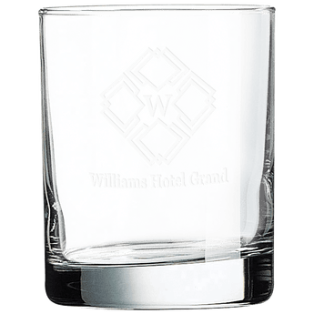 Clear glass tumbler with engraved design and 'Williams Hotel Grand' text on a white background